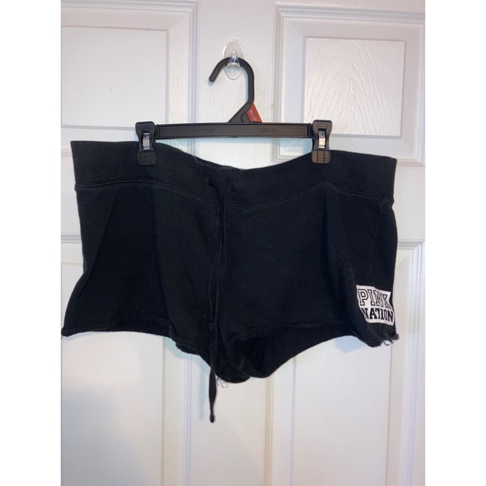 Victorias Secret PINK Nation Black Sweat Shorts Drawstring Raw Hem Lounge L